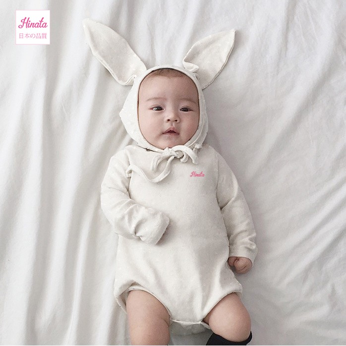 Bộ bodysuit tay dài, kèm nón thỏ - 100% Organic Cotton - Bunny Hat BF05 - Thương hiệu Hinata Nhật