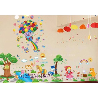 Decal dán tường Combo 3 tranh thú tắm mát + cô bé quàng khăn đỏ + chùm bóng cầu vồng