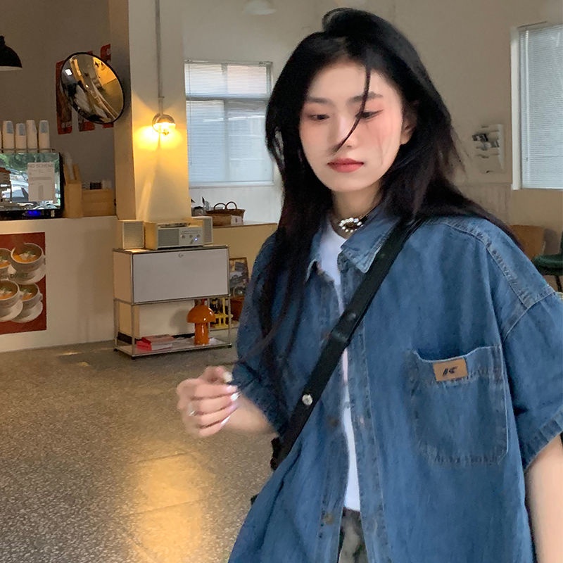 ○Áo Sơ Mi Denim Tay Ngắn Dáng Rộng Phong Cách Hồng Kông Thời Trang Mùa Hè Cho Nữ
