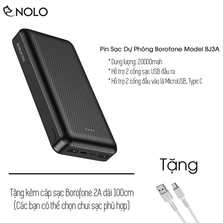 Pin Dự Phòng Borofone BJ3A Dung Lượng 20000mah 74W 2 Cổng Ra USB 2 Cổng Sạc Vào MicroUSB Type C Tặng Cáp Sạc 100cm