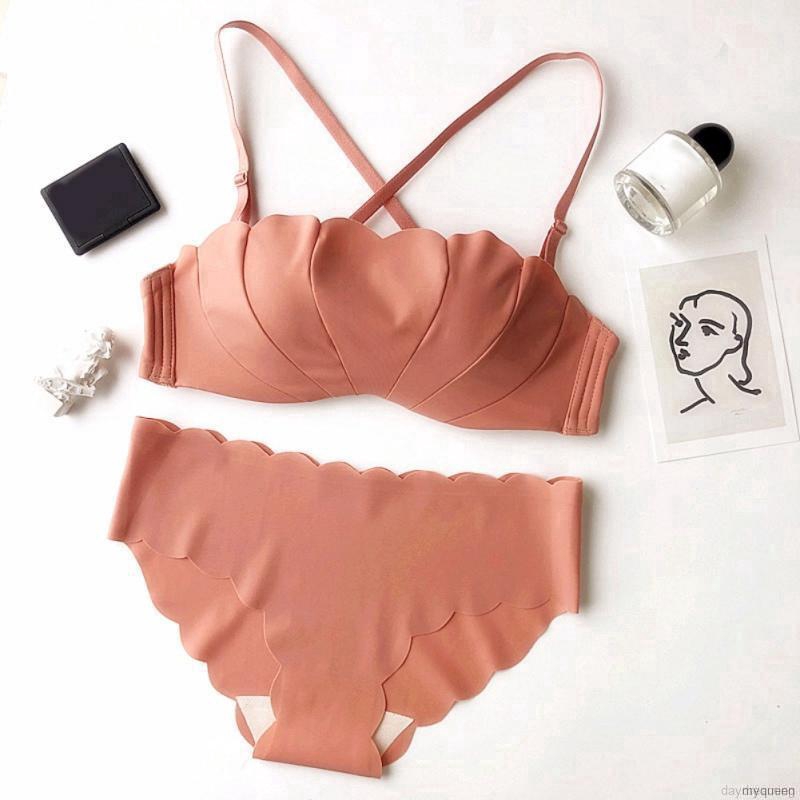 Set áo ngực không gọng nửa màu trơn + quần lót cùng hoạ tiết