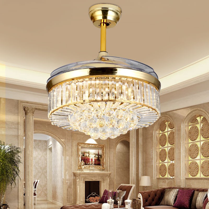 Quạt trần đèn Led, Quạt trần Pha Lê cánh cụp xòe trang trí phòng khách ánh sáng 3 màu remote 6 tốc độ mát,BH 5 năm