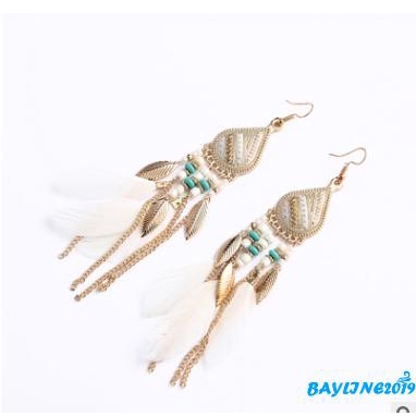 Đôi khuyên tai dài gắn lông vũ phong cách boho thời trang cho nữ