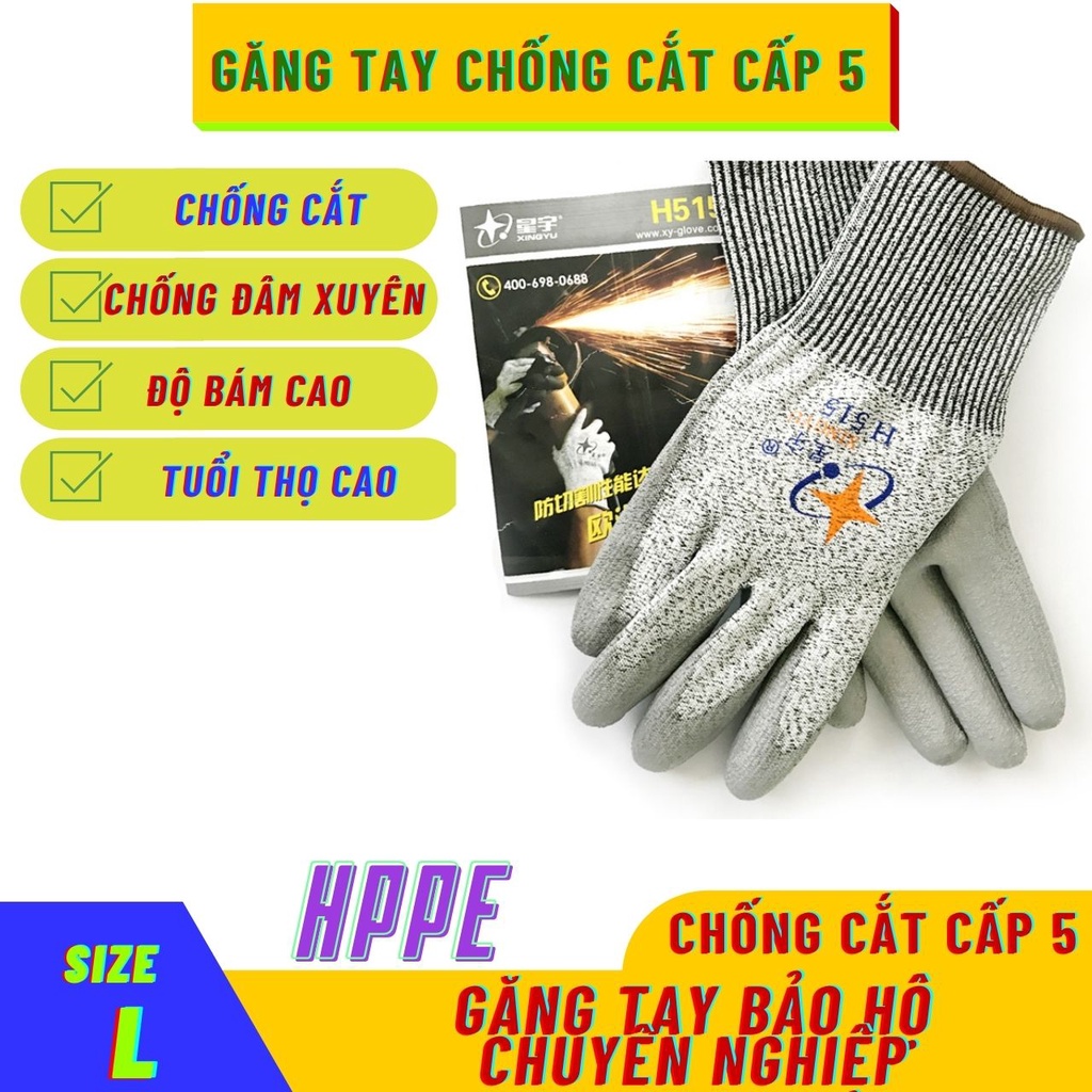 Găng Tay Bảo Hộ Lao Động Bao Tay Chống Trượt Chống Cắt Cấp 5 Hiệu Quả Bề Mặt HPPE (01 mặt) An Toàn Thoáng Khí H51511