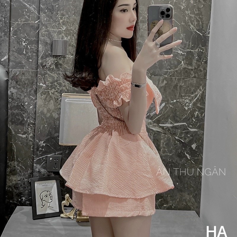 Sét Bộ Áo Trễ Vai Nơ Xốp Sọc, Sét Bộ Đi Chơi Dễ Thương Bigsize Quỳnh Anh Từ 50 kg Đến 100 kg M/L/XL/XXL