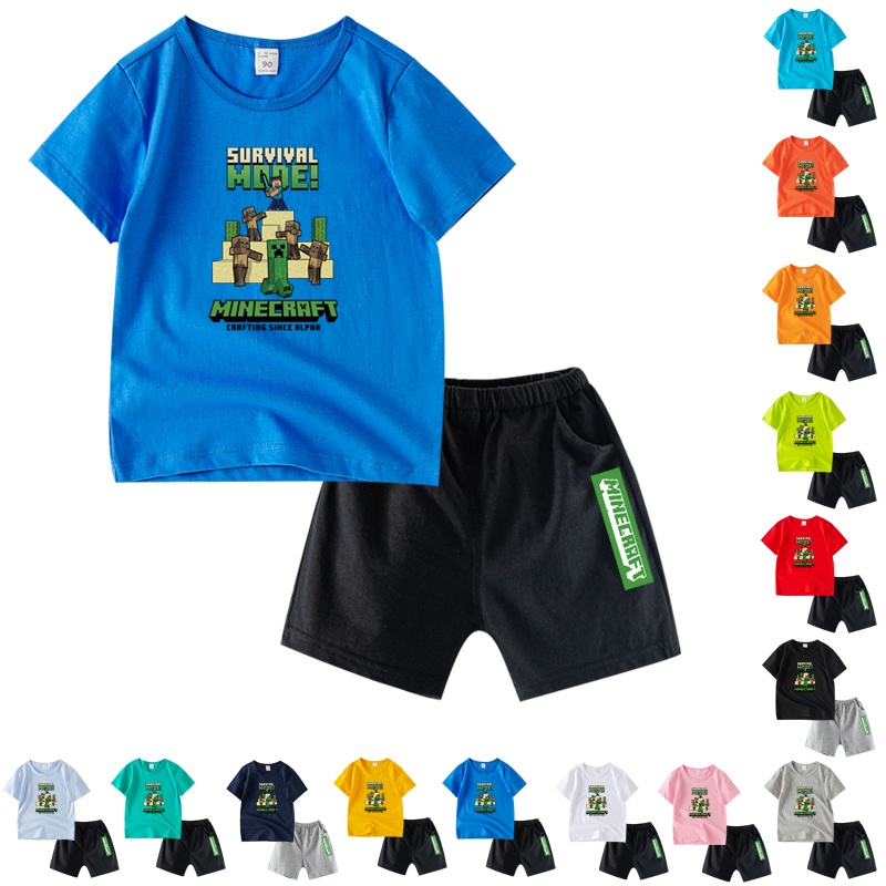 Bộ Áo Thun + Quần 100% Cotton Ngắn Tay In Hoạt Hình Minecraft 8 Màu CA025
