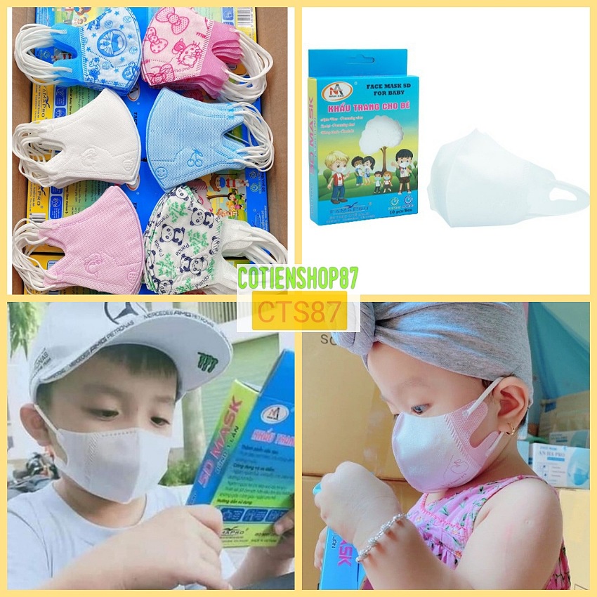 Khẩu trang trẻ em 5D mask Nam Anh Famapro, hộp 10 cái, khẩu trang cho bé 2-6 tuổi, 3 lớp kháng khuẩn, quai thun co dãn