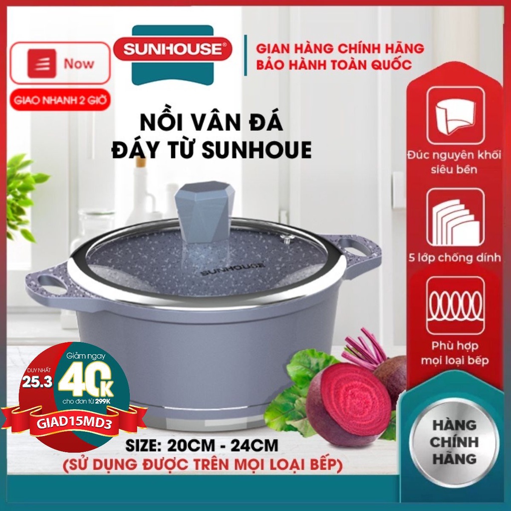 Nồi vân đá đáy từ 5 lớp chống dính SUNHOUSE SHG2020MMA-SHG2024MMA-2022 kích thước 20 24 CM đúc nguyên khối siêu bền