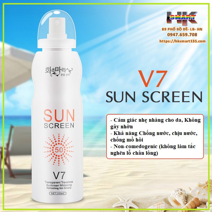 Xịt Chống Nắng V7, Kem Chống Nắng Dạng Xịt Nâng Tone Dưỡng Trắng Da, Che Khuyết Điểm, Spray Protective SPF50 238ml