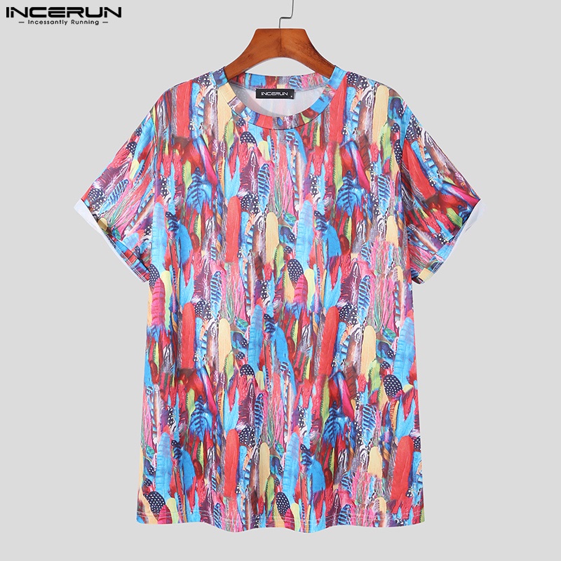 INCERUN Áo Thun Cổ Tròn In Họa Tiết Sau Lưng Phối Tua Rua Thời Trang Cho Nam