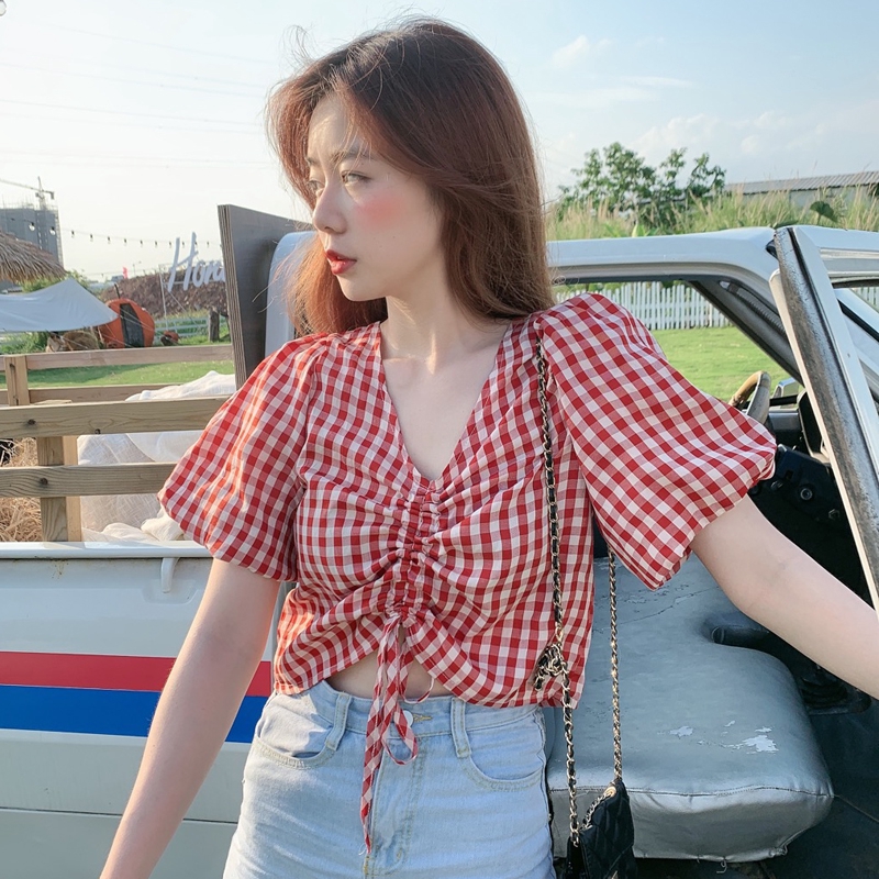 Áo croptop tay phồng kẻ sọc caro phong cách Hàn Quốc trẻ trung cho nữ