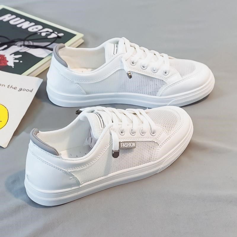 Giày Thể Thao Trắng Đế Bằng Phối Lưới Mỏng Thoáng Khí Thời Trang Mùa Hè Hàng Mới Dễ Phối Đồ Cho Nữ