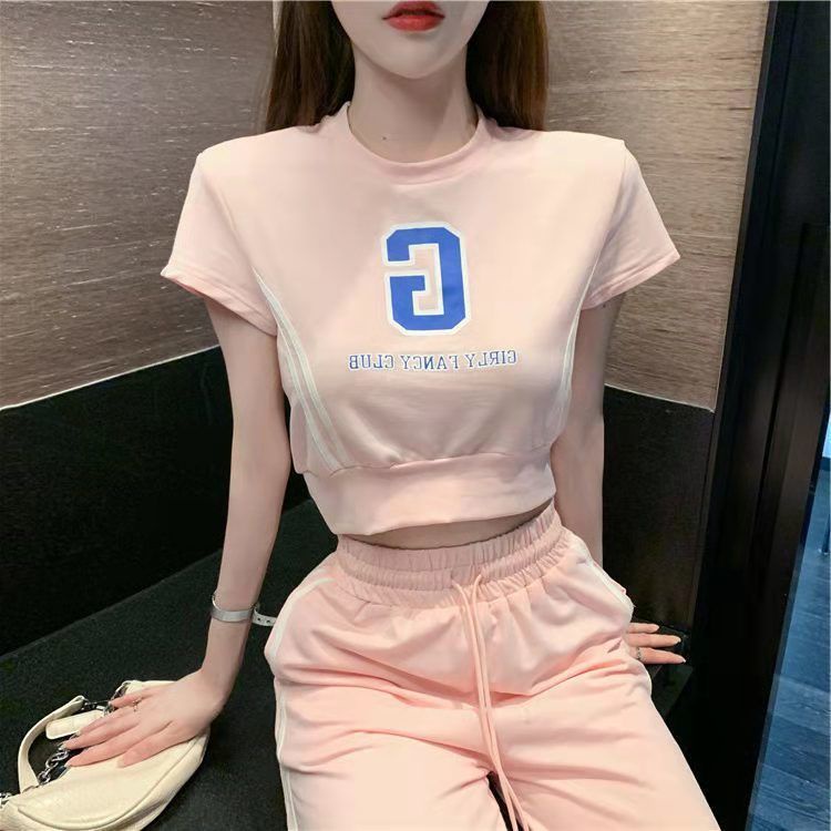 Summer leisure sports suit women's summer new open navel short top + two-piece set of high waist and wide leg pants