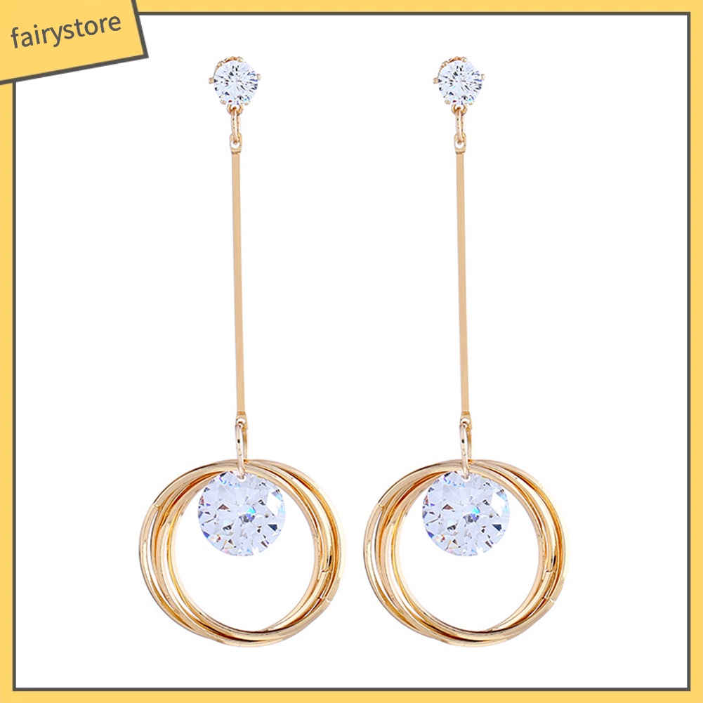 Hoa tai dáng dài hình tròn đính đá zircon cho nữ
