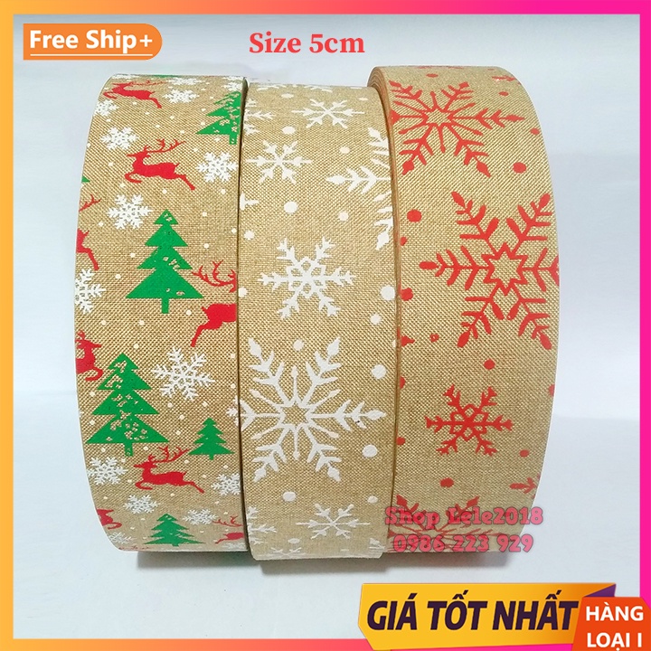 ❤️Cuộn 5m❤️ Ruy băng vải lanh cao cấp họa tiết giáng sinh Noel [size 5cm]