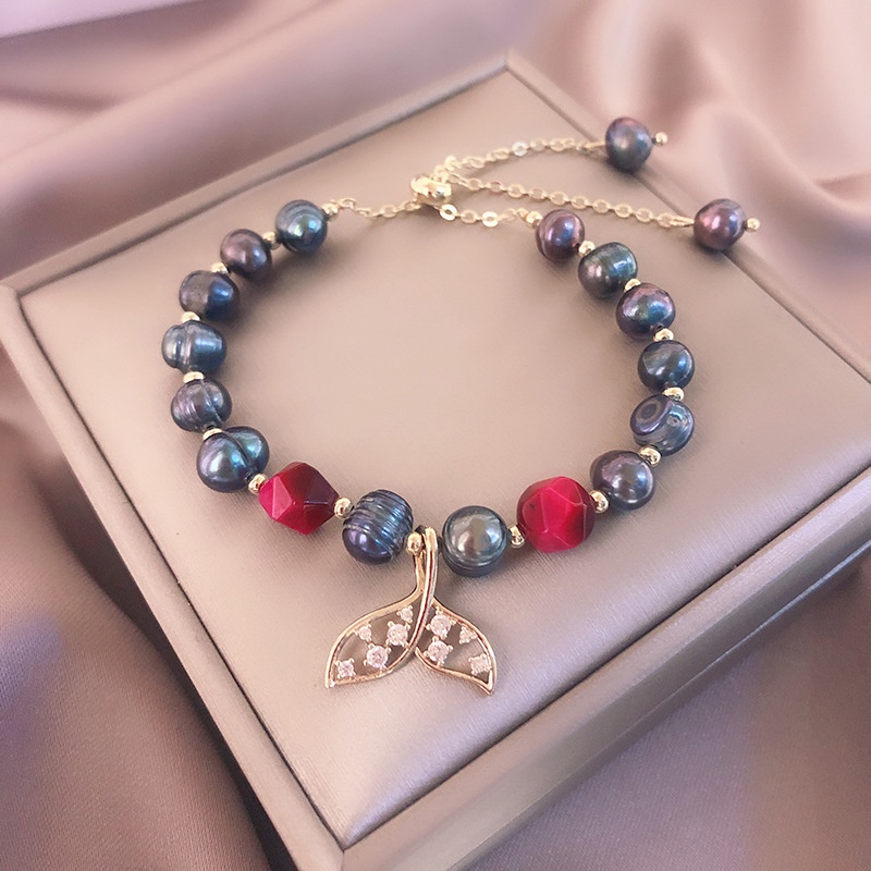 Vòng Tay Ngọc Trai Đen Tinh Tế Mặt Hình Tiên Cá Tinh Tế Cho Nữ