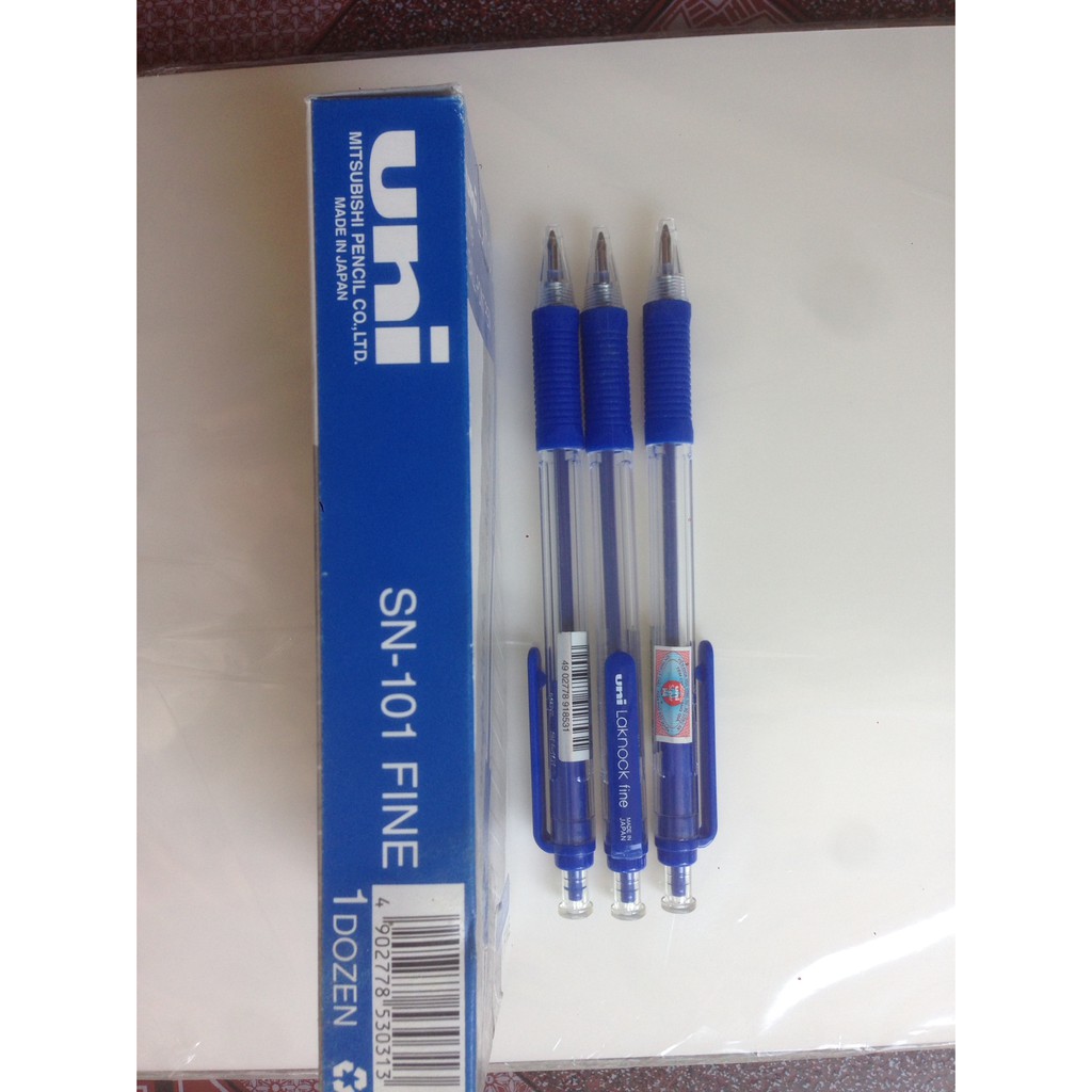 01 Bút bi bấm Uni Laknock -SN101 Xanh - Bút bi Nhật 0.7mm