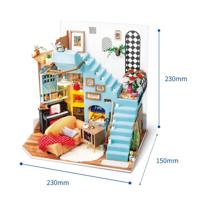 Nhà lắp ghép DIY Dollhouse bằng gỗ Mẫu Living Room Robotime tặng kèm bộ dụng cụ lắp ráp, keo silicon, đèn Led