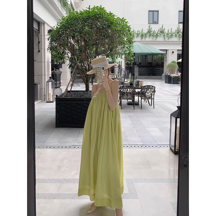 Váy hai dây maxi lụa mềm màu xanh suông xòe dài nhẹ nhàng bồng bềnh đi biển