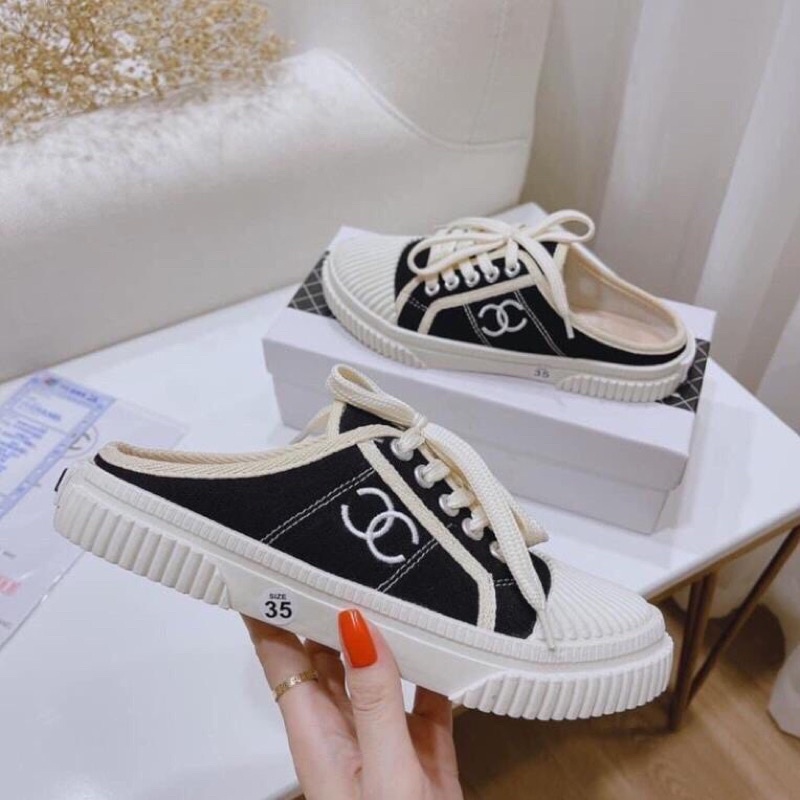 Sục nữ Channnel vải canvas cao cấp - giày đạp gót nữ viền trăng dáng mới siêu hot