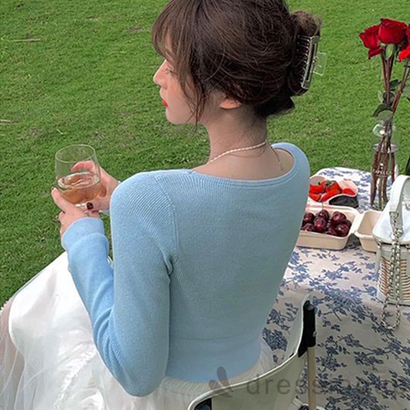 Áo dệt kim tay dài cổ chữ V màu trơn cá tính cho nữ