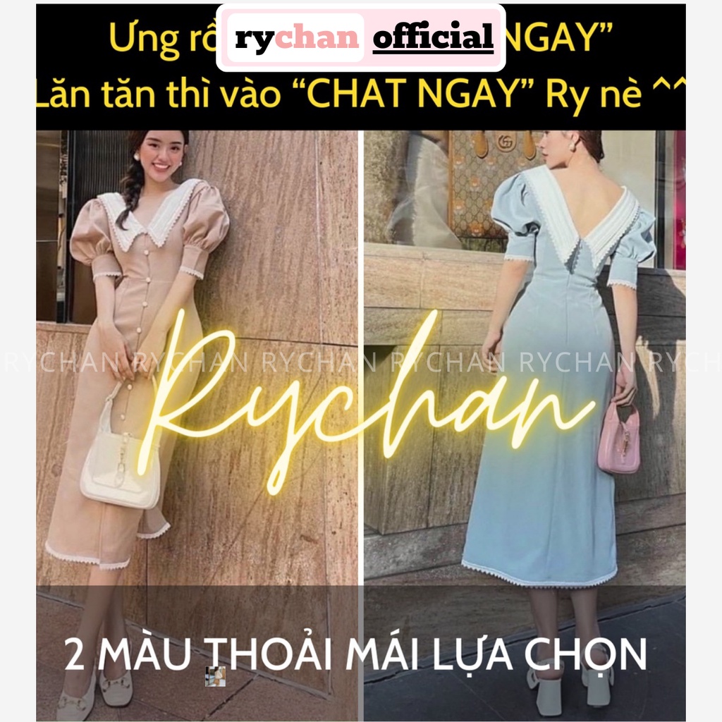 Đầm Xoè Midi Vintage Cổ Lá Tay Phồng, Đầm Công Sở Cổ Điển - DX0147