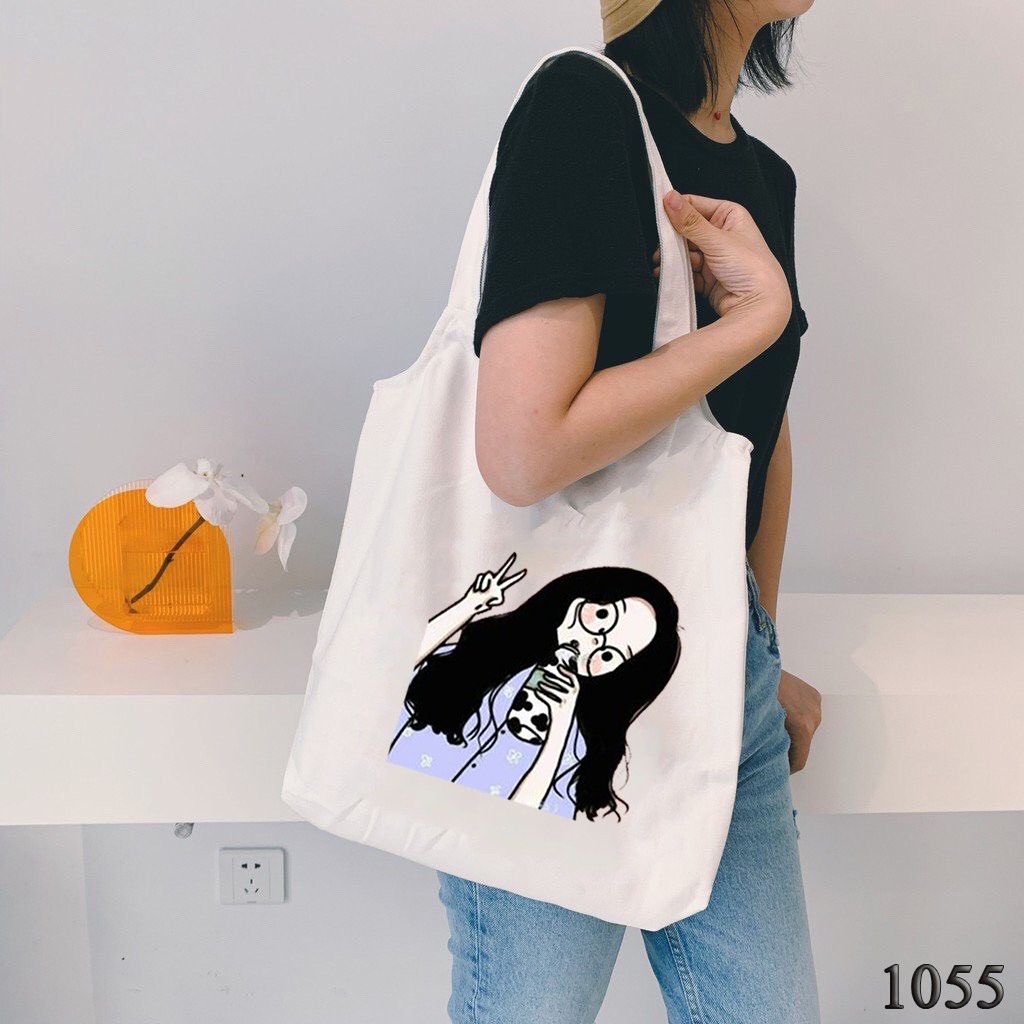 TÚI TOTE TRẮNG CHẤT VẢI CANVAS 1055 CÔ BÉ TRÀ SỮA DỄ THƯƠNG HÀNG CHUẨN ĐẸP