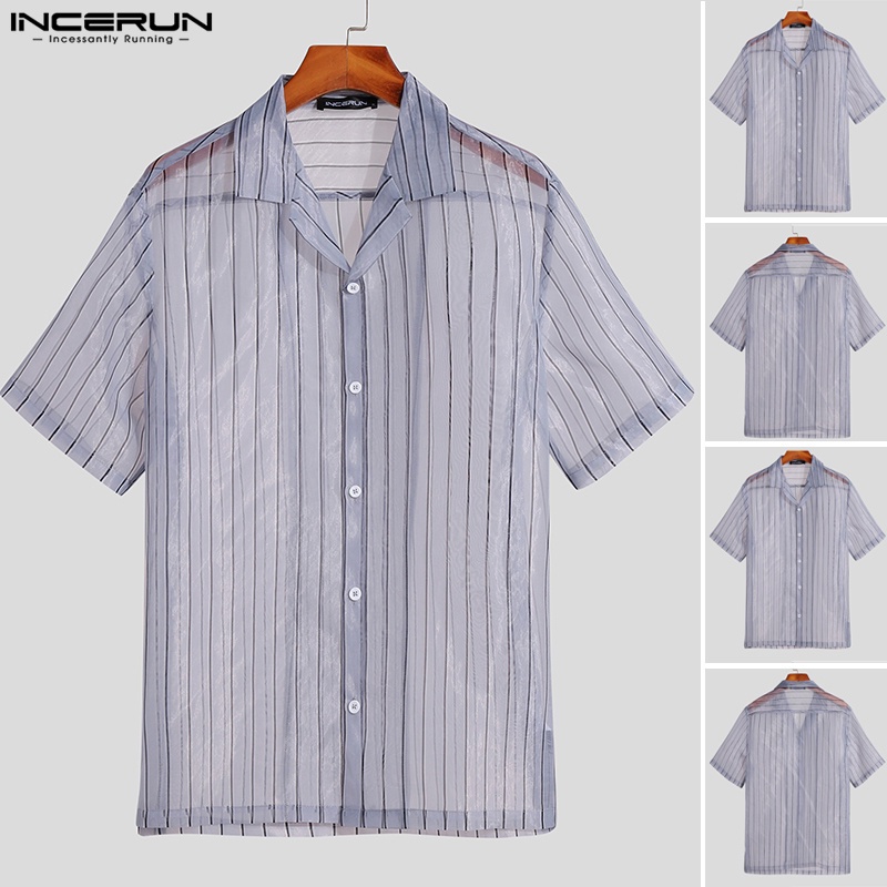 Áo sơ mi Incerun lưới tay ngắn trong suốt dáng rộng cài khuy kẻ sọc cá tính cho nam