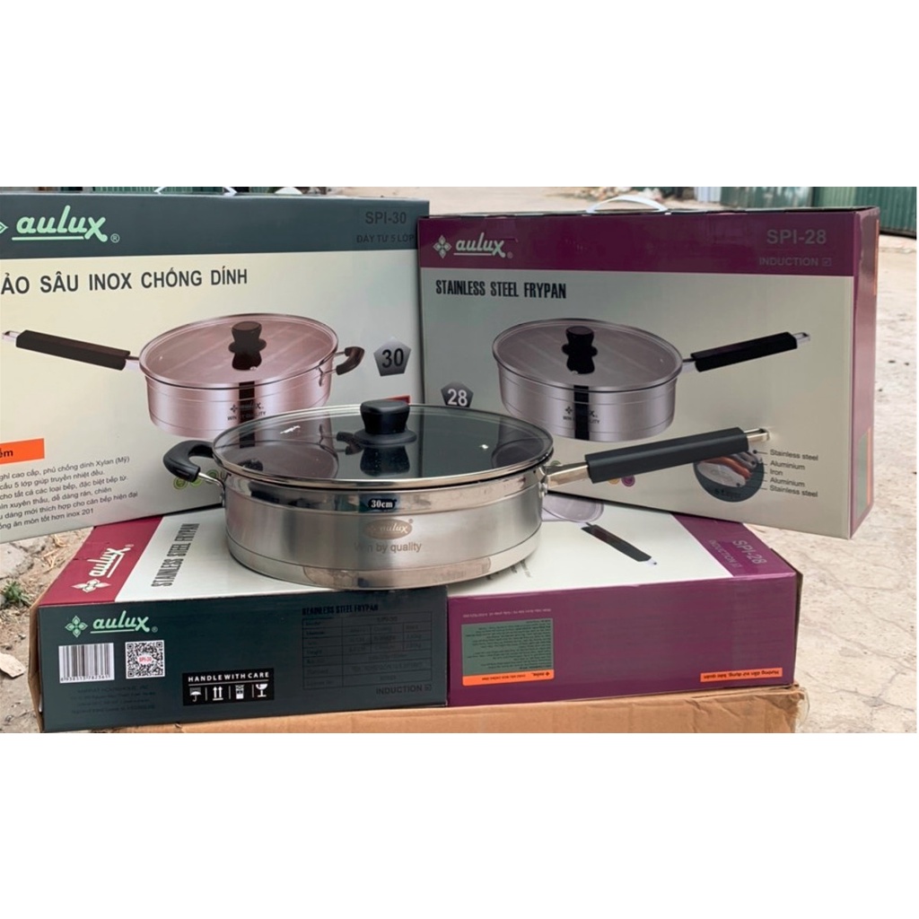 CHẢO INOX ĐÁY TỪ AULUX SIZE 20-26CM - CHỐNG DÍNH MẶT ĐÁ - 5 ĐÁY - LÒNG CHẢO PHẲNG -CÓ NẮP KÍNH