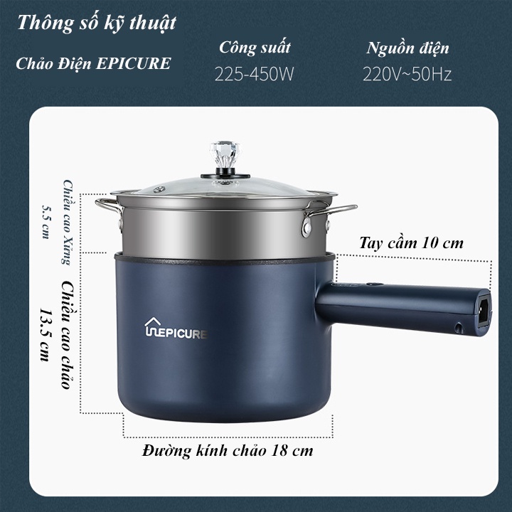 [TẶNG 10 MÓN] Nồi Điện Đa Năng EPICURE Dung Tích 1.8L Chống Dính, Nồi Lẩu Điện 2 Tầng Chảo Lẩu Điện Mini Có Xửng Hấp