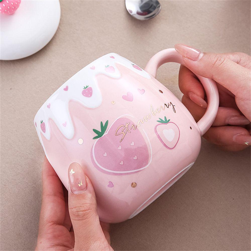 PISTA Cốc Sứ Uống Cà Phê Có Nắp Đậy Họa Tiết Dâu Tây Mới