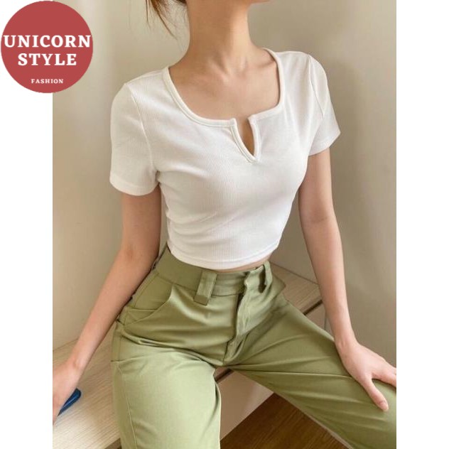 Áo Thun Croptop Tay Ngắn Cổ Chữ V Trái Tim Cá Tính Cam Đen Trắng Xám Xanh Than SHTACR02 Mys hitshop