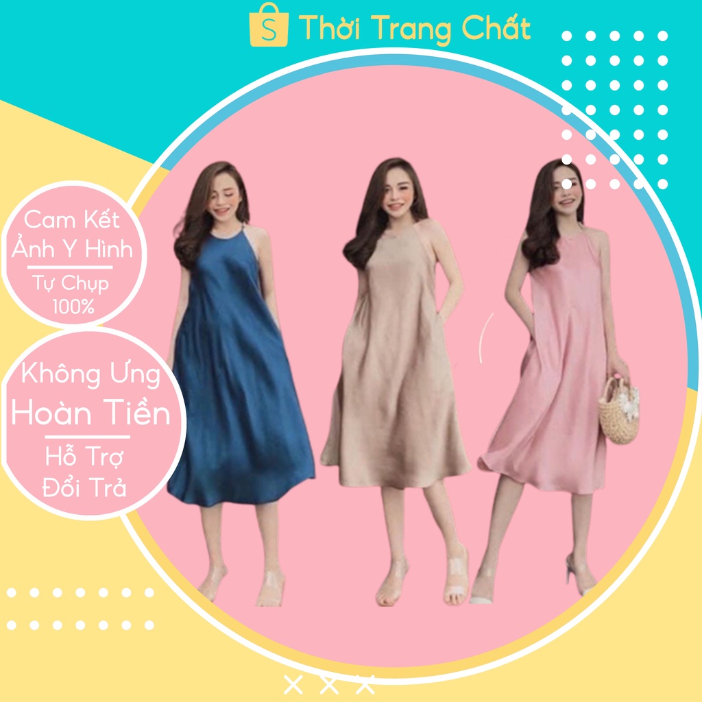 Váy Maxi chất lụa mềm mại, Đầm 2 dây kiểu dáng yếm thích hợp dự tiệc sang trọng dáng dài hottrend chất đẹp
