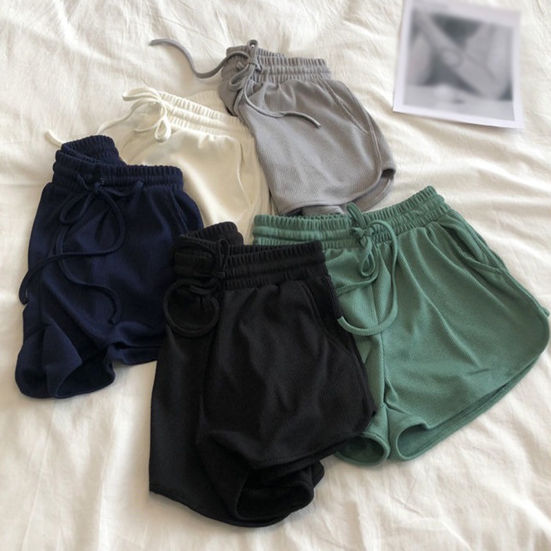 Quần Short Thể Thao Lưng Cao Ống Rộng Màu Trơn Thời Trang Hàn Quốc Cho Nữ