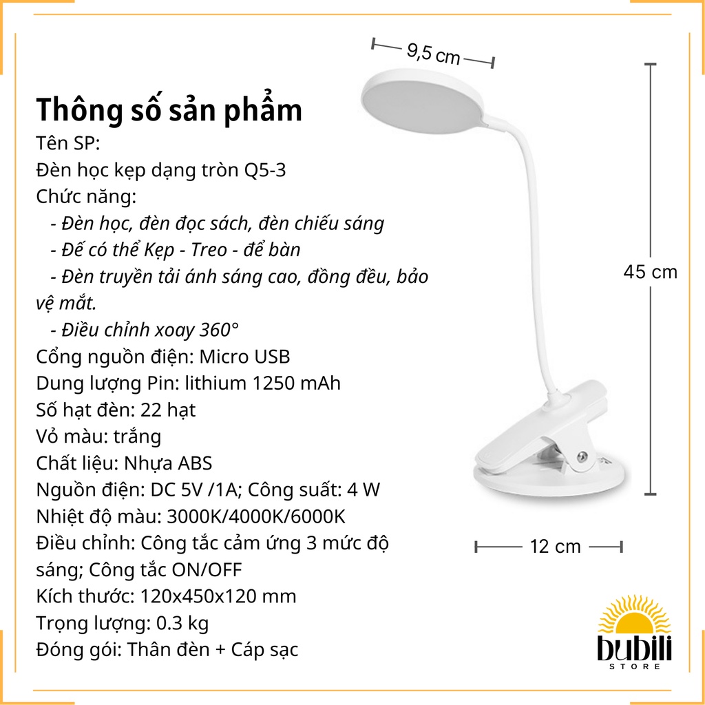 Đèn học Kẹp Sạc Pin 3 màu ánh sáng Làm mờ vô cấp Hình tròn Q5-3
