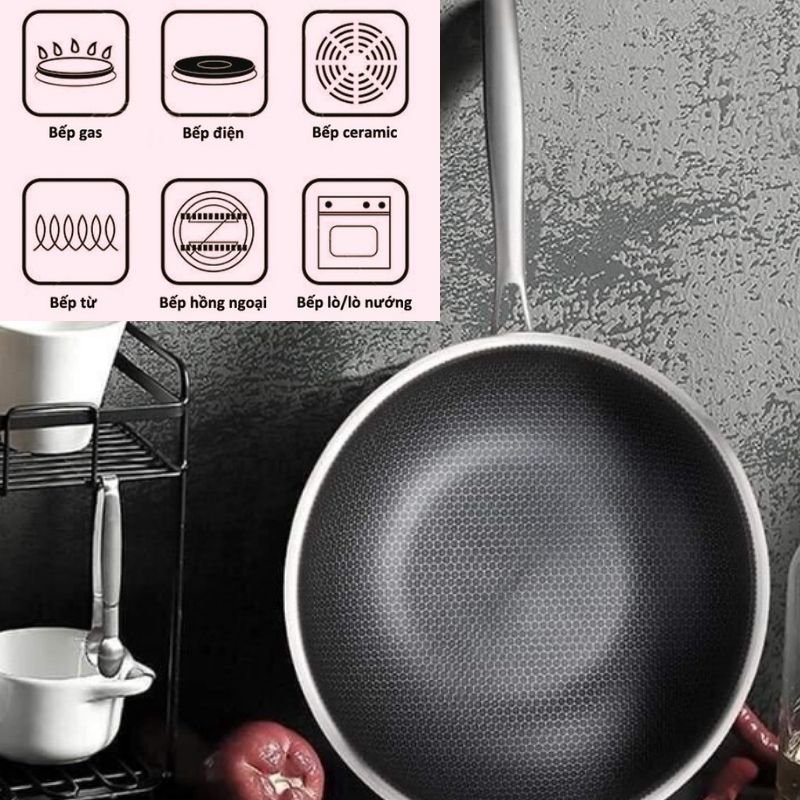 Chảo chống dính vân tổ ong sâu lòng inox 304 chính hãng dùng được cho bếp từ bếp hồng ngoại bếp ga dễ dàng chùi rửa