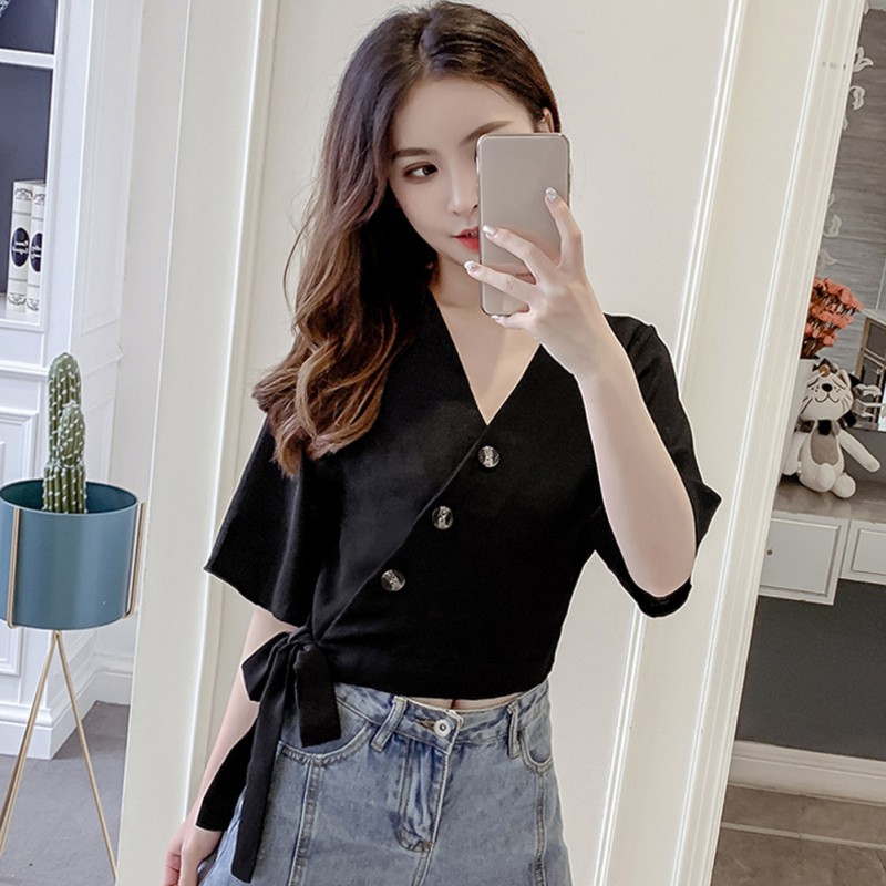 Áo kiểu tay lỡ cổ chữ V phối nơ thiết kế thanh lịch cho nữ