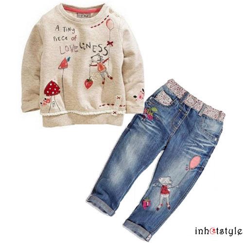 Bộ áo thun dài tay + quần jean denim cho bé gái