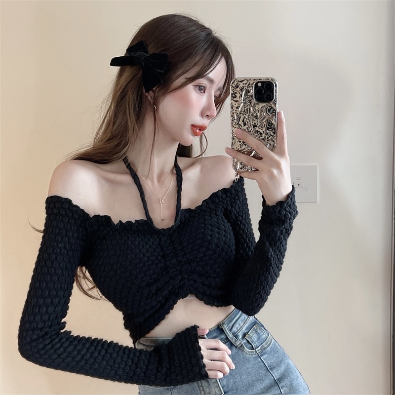 Áo kiểu croptop IHKKE hở vai thiết kế kiểu dây rút co giãn quyến rũ thời trang dành cho nữ