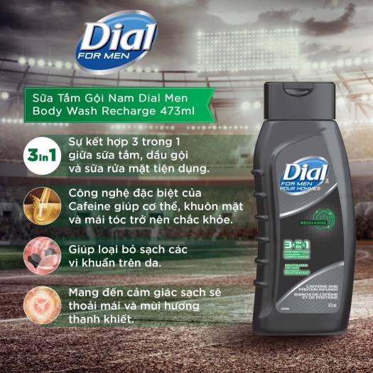 Sữa Tắm Nam Dial 3 in 1 Revitalizing Recharge Body Wash 473ml - Hàng nhập Mỹ