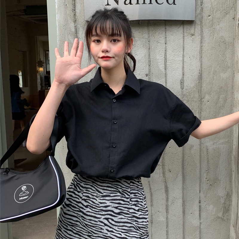 Áo sơ mi nữ SUXI tay ngắn dáng rộng màu trơn kiểu Hàn Quốc thời trang mùa hè