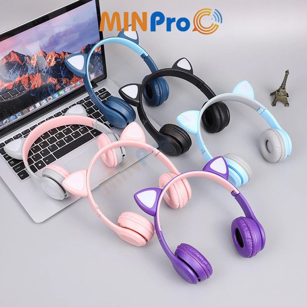 Tai nghe chụp tai mèo bluetooth 5.0 cute, Headphone tai mèo 7 màu led phát sáng không dây có mic chính hãng - MINPRO