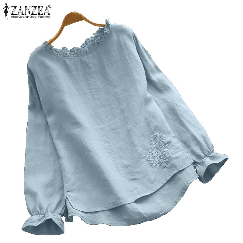 Áo ZANZEA dài tay cổ tròn thời trang thanh lịch dành cho nữ