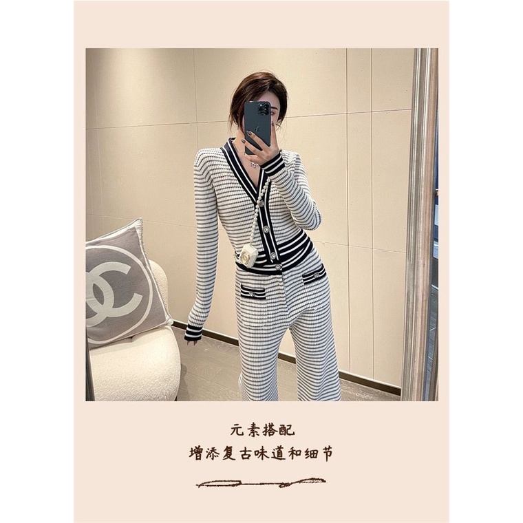Internet celebrities fried street high-end sense of fashion small fragrant style professional knitted suit women's Hong Kong flavor wide-legged pants two sets in early spring