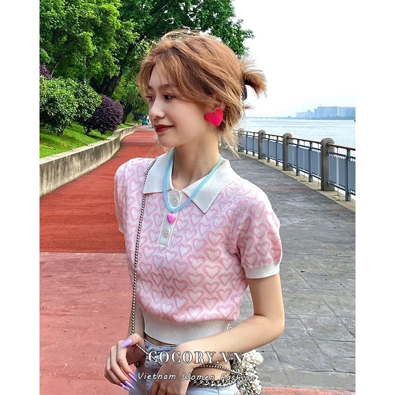 Cocory vn Áo Croptop Dệt Kim Cổ Polo Tay Ngắn Dáng Ôm Thời Trang Mùa Hè Quyến Rũ Cho Nữ