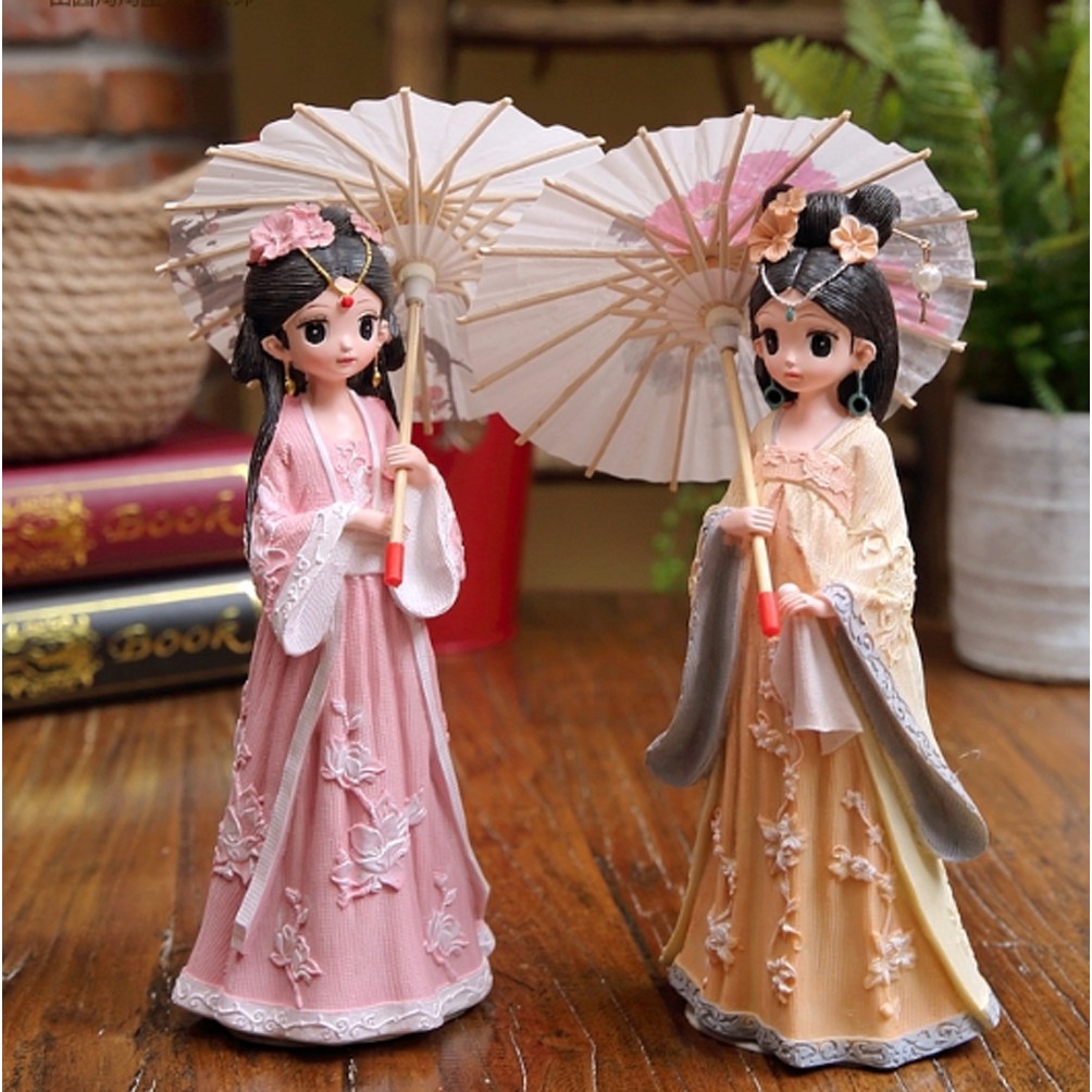 Tượng chibi thiếu nữ cổ trang che ô 3D sinh động 25cm - màu áo hồng