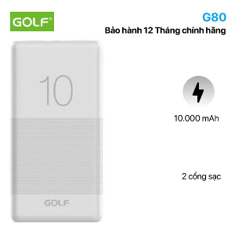 Pin sạc dự phòng Golf G80 10000mAh Candy Power Bank [PHÂN PHỐI CHÍNH HÃNG, BẢO HÀNH 1 NĂM]