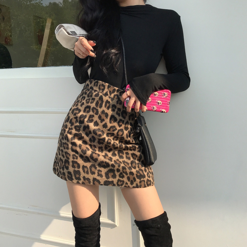 Hong Kong Style Retro Personality Fashion Brushed Woolen Leopard Print Hip Skirt | BigBuy360 - bigbuy360.vn