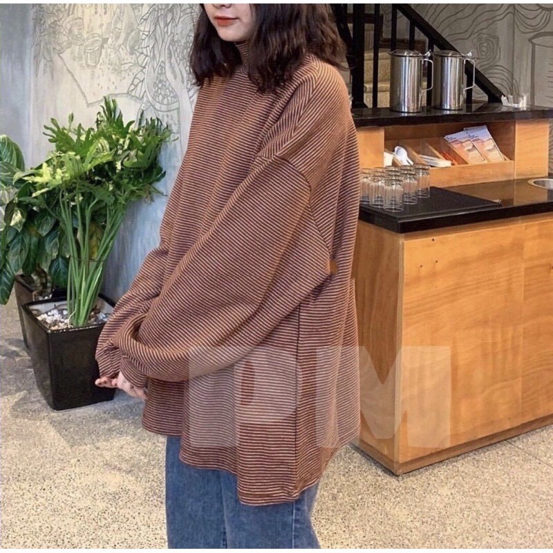 [HÀNG CAO CẤP]  Áo nỉ kẻ cổ cao dáng dài thu đông 🍁Áo len nỉ kẻ cổ 3 phân tay bồng sẵn 5 màu | BigBuy360 - bigbuy360.vn