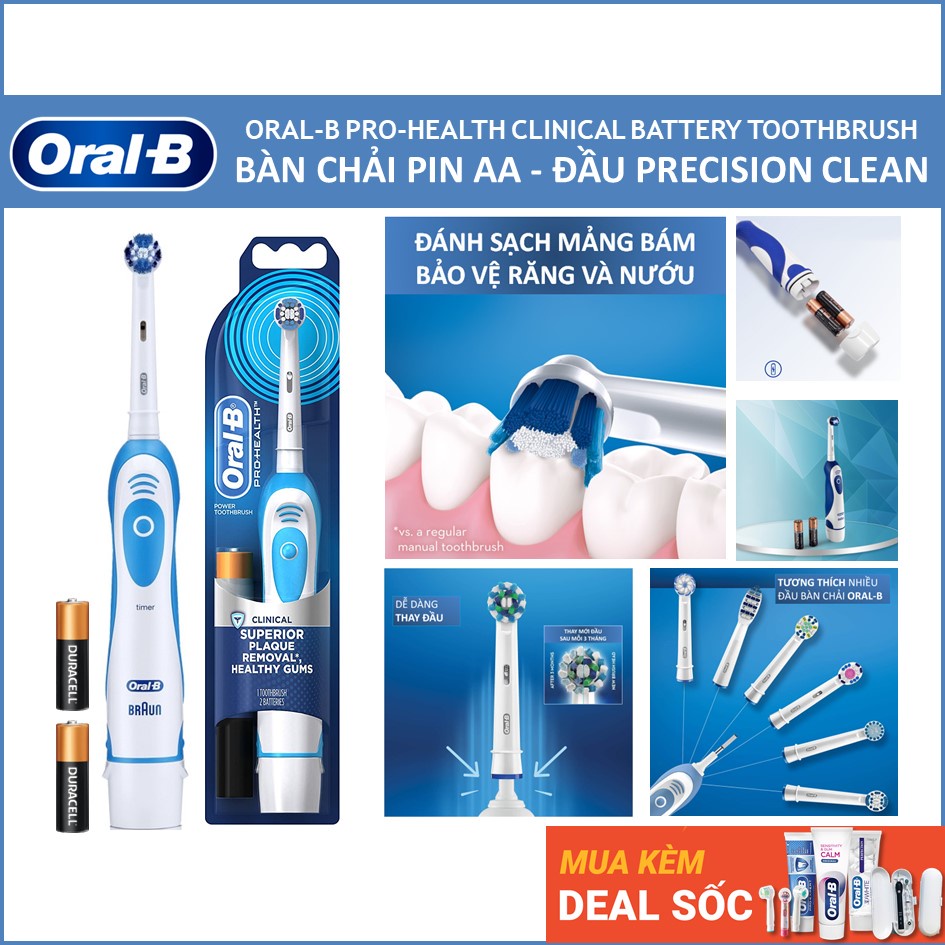 Máy Đánh Răng Pin Oral-B Clinical - Đầu Chải Precision Clean Làm Sạch Chính Xác, Dùng pin AA, Hẹn Giờ 2-Phút